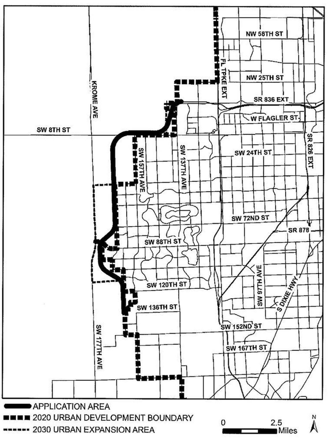 A proposal by the administration of Miami-Dade Mayor Carlos Gimenez to extend the Dolphin Expressway (State Road 836) southwest in Kendall. The bold line shows the proposed route, while the longer dotted line shows the current edge of the county’s Urban Development Boundary The smaller dotted line shows where the boundary would move if certain growth targets were met.