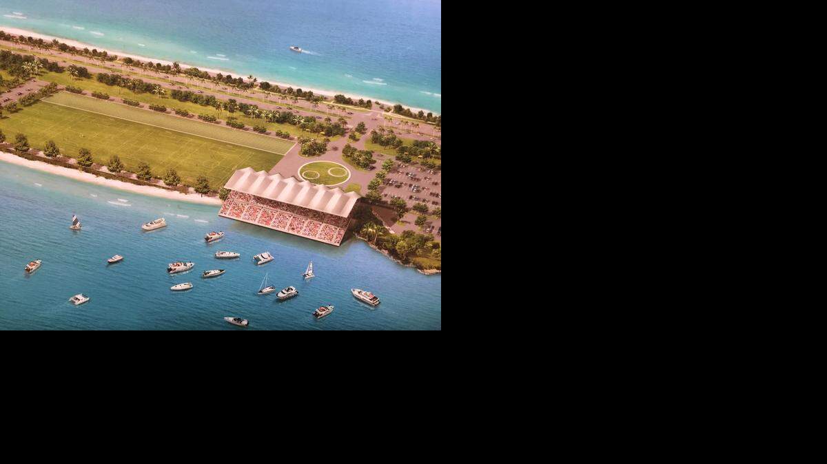 
A rendering of a renovated Miami Marine Stadium, and a $16 million park and event space covered with turf.
