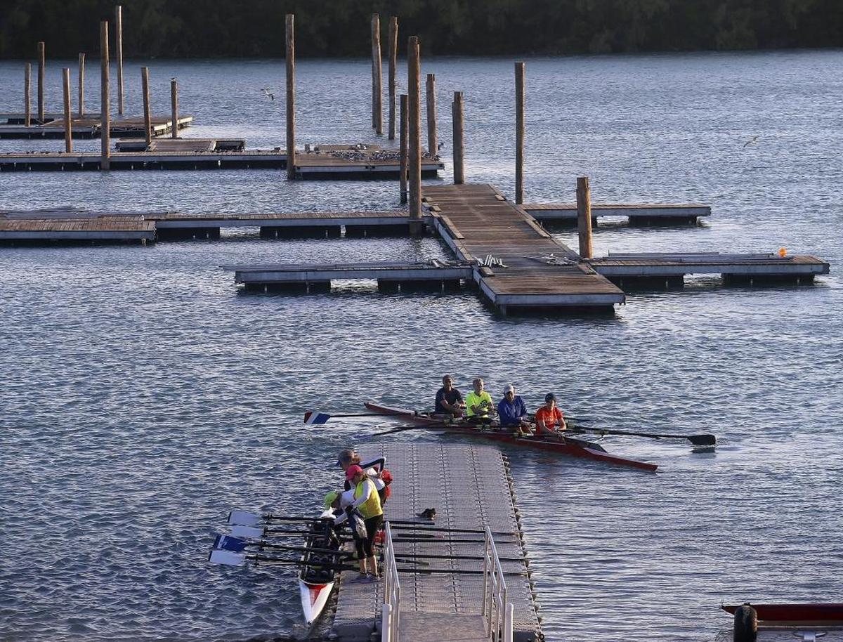 Miami Marine Stadium basin, where the city is proposing to add a mooring field which would interfere with the rowers who use the basin and the natural wildlife area surrounding it. Members of the Miami Rowing Club return after practicing in the basin where they navigate around temporary pilings and docks set up for the Miami International Boat Show on Tuesday, Jan. 30, 2018.
