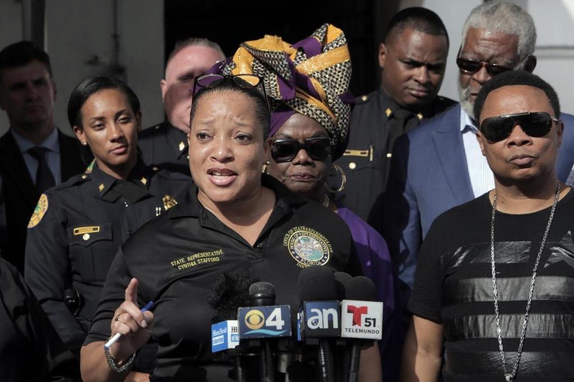 State Representative Cynthia Stafford talks about the dangers of firing guns in the air during a press conference at Jordan Grove Missionary Baptist Church, 5946 NW 12 Ave., Miami.