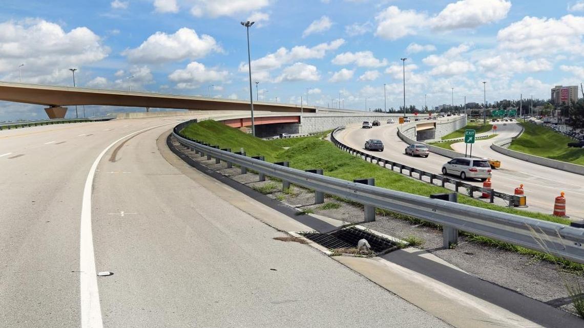 
View of the Northbound 826 Palmetto Expressway veering right onto the Eastbound 836 Dolphin Expresswaym which will be opened for the weekend of October 9, 2015 as part of the $560 million renovation.
