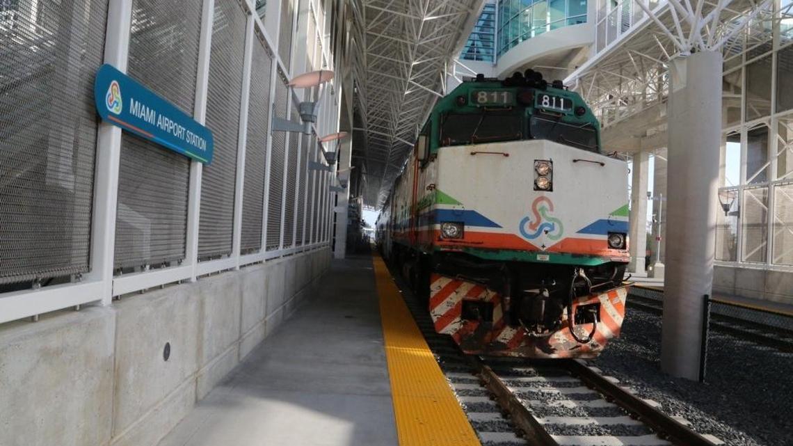 
TriRail train arriving at the Miami TriRail Airport Station. 

