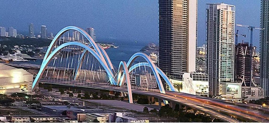 The winning design for a signature bridge on I-395 created by Archer Western features a structure supported by fountain-like arches.