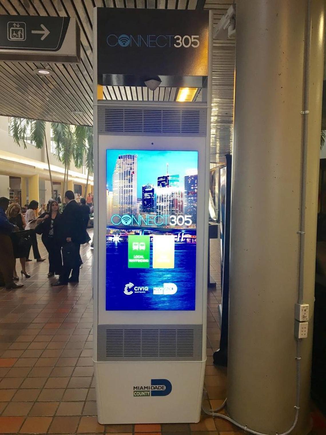 An interactive kiosk that Civiq installed in the lobby of Miami-Dade’s County Hall, home to the busiest Metrorail station in the county. The company that builds bus shelters for the county claims devices like this will cannibalize ad dollars and leave Miami-Dade unable to add shelters to protect waiting riders from the rain and sun.