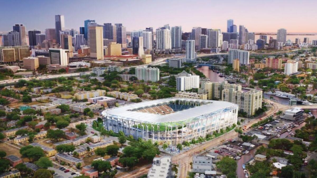 A rendering of the proposed Major League Soccer stadium in Miami’s Overtown neighborhood by David Beckham and partners. A pending $9 million sale of three acres of Miami-Dade land for the stadium is the subject of a lawsuit by nearby property owner Bruce Matheson.