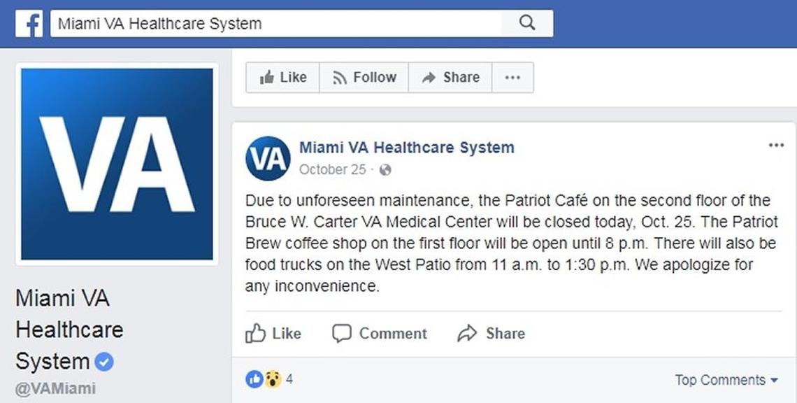 The Miami VA Healthcare System’s Facebook page posted a notice on Oct. 25 alerting followers that the cafeteria would be closed due to “unforeseen maintenance.” The notice was posted five days after food safety and sanitation inspection on Oct. 20 found filthy conditions, including grimy drawers and storage racks, unrefrigerated foods and evidence of insects and rodent droppings.