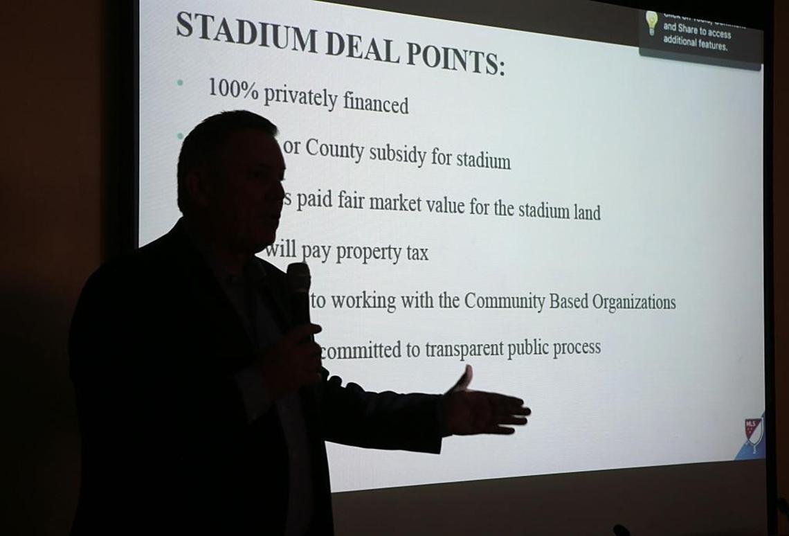 Tim Leiweke, David Beckham’s top negotiator, speaks at a town hall in Overtown Wednesday night about plans to build a soccer stadium.