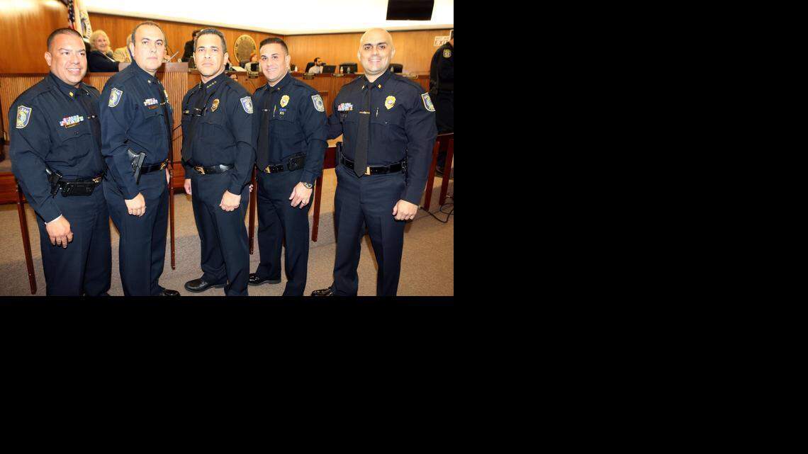 
Left to right are: Fernando Villa, Manuel Rodriguez, Hialeah Chief of Police Sergio Velazquez, Ernesto Gutierrez and Orlando Salvat. Rodriguez was promoted to the rank of major; the other three were promoted to commander ranks.
