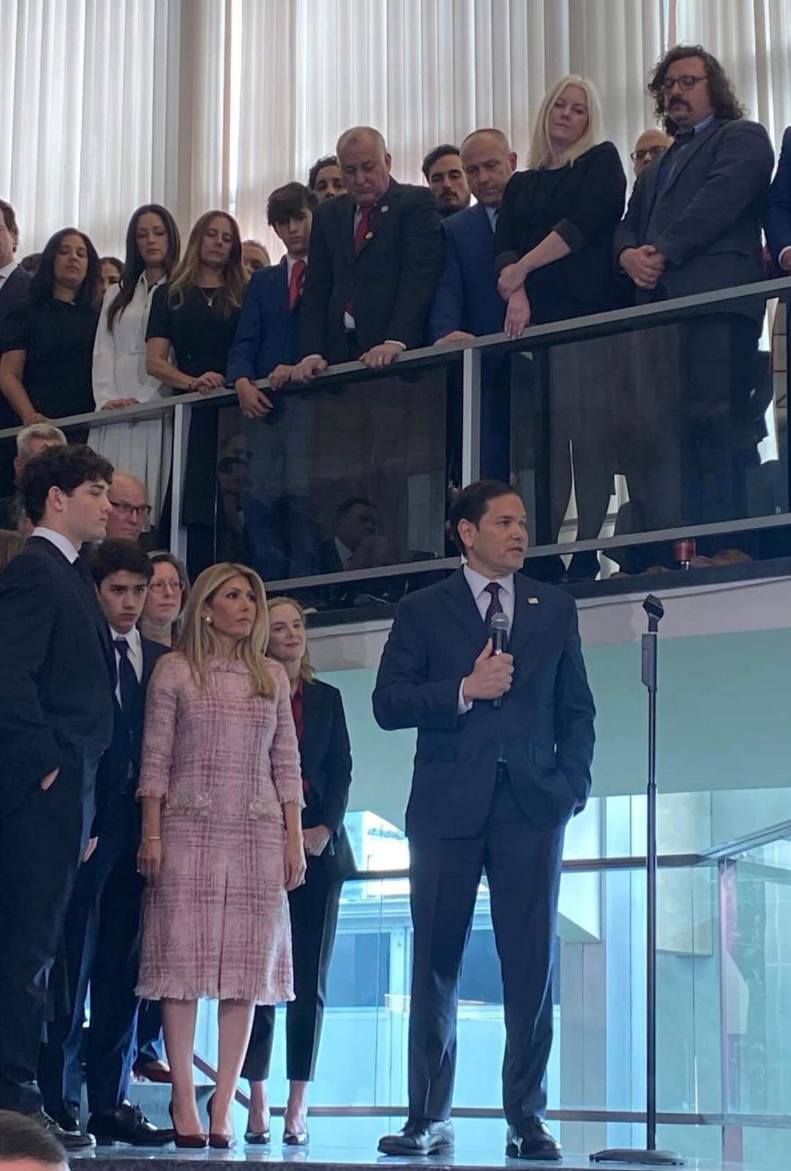 Hialeah Mayor Esteban “Steve” Bovo, on the balcony, attends a speech by Secretary of State Marco Rubio.