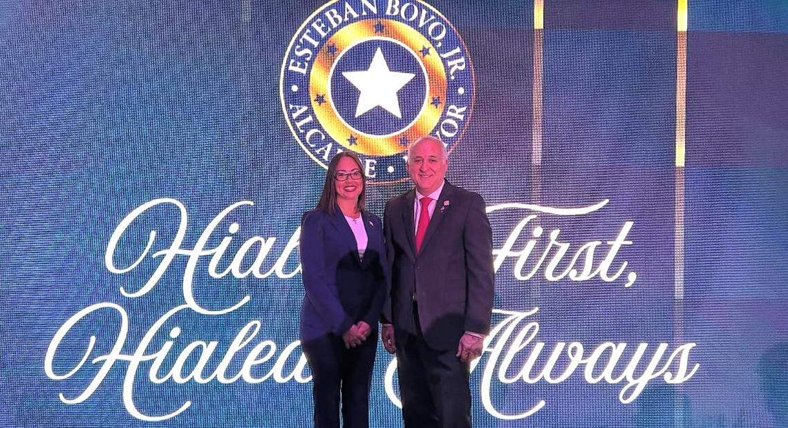 Departing Hialeah Mayor Esteban “Steve” Bovo and City Council President Jacqueline Garcia-Roves, who became interim mayor three days later.