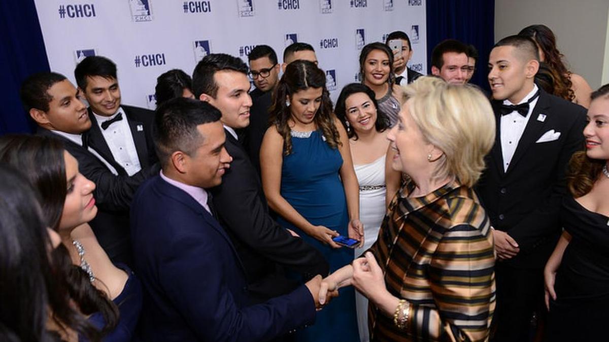 Darryl Perez, 21, meets Hillary Clinton during the Congressional Hispanic Caucus Institute’s annual 2015 Gala.