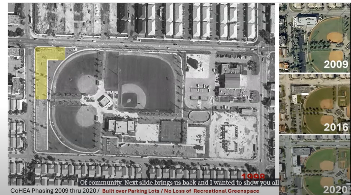 Panorama histórico de Slade Park en la ciudad de Hialeah, con el área amarilla indicando dónde se ha estado desarrollando la escuela autónoma City of Hialeah Educational Academy desde 2008. La escuela propone una expansión que incluye reemplazar un campo existente con nuevas comodidades como un gimnasio, campo de césped, pista, campo de fútbol, ​​canchas de pickleball y estacionamiento adicional.