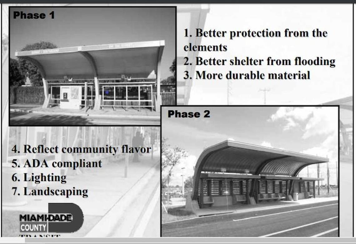 A 2006 planning document from Miami-Dade Transit showing two phases of design for bus shelters along the busway. The second phase was never implemented.