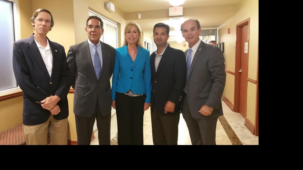 
From left to right: South Miami Mayor Philip Stoddard, Miami-Dade Commissioner Xavier Suarez, Cutler Bay Mayor Peggy Bell, U.S. Rep. Carlos Curbelo of Miami, Palmetto Bay Mayor Eugene Flinn. 
