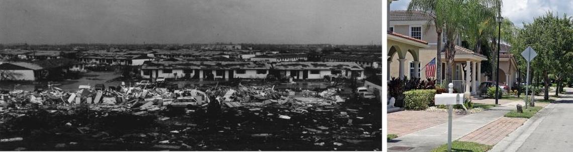 Naranja Lakes in South Dade. Left, just after Hurricane Andrew in 1992. Right, Mandarin Lakes on the same site, 2017.