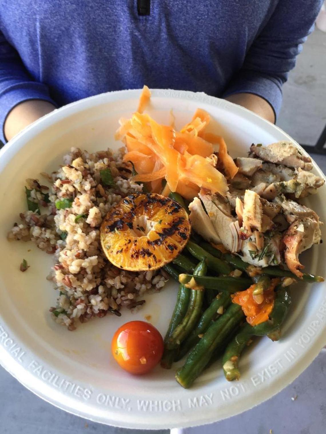 This dish, which includes produce grown in Homestead Hospital’s garden, features a quinoa and rice blend, carrot ribbon salad, a grilled orange, green beans and grilled chicken.