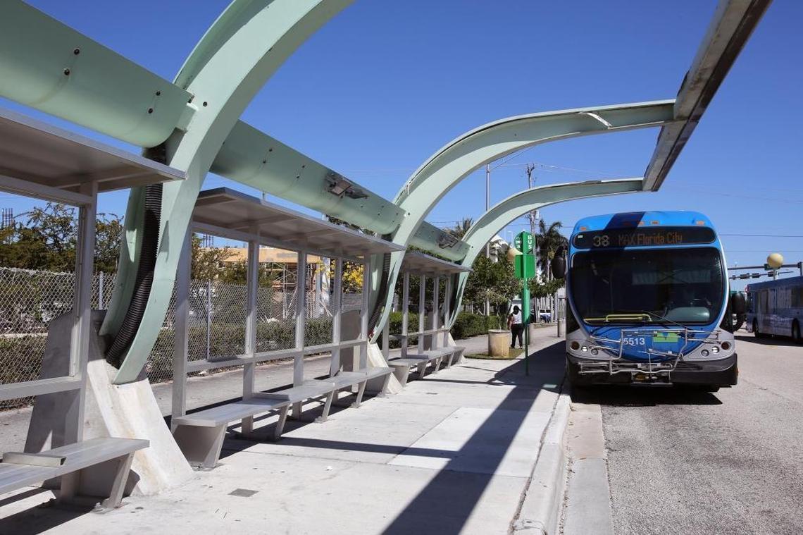 A deteriorated bus shelter along the South Dade busway. Broken bus shelters along the Busway are missing panels and roofs, leaving passengers exposed to the elements as they wait.