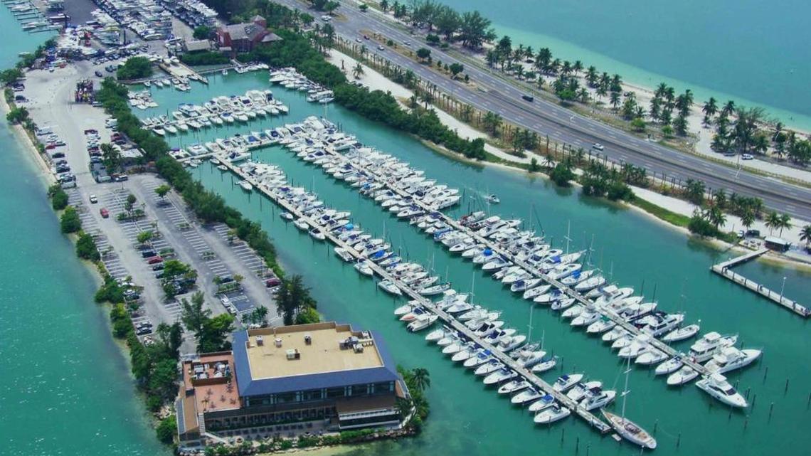 Aerial photo shows a portion of Rickenbacker Marina on Virginia Key.