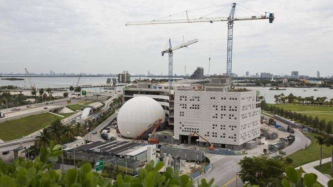 A bird’s-eye view of construction for the new Patricia and Phillip Frost Museum of Science in downtown Miami’s Museum Park.
