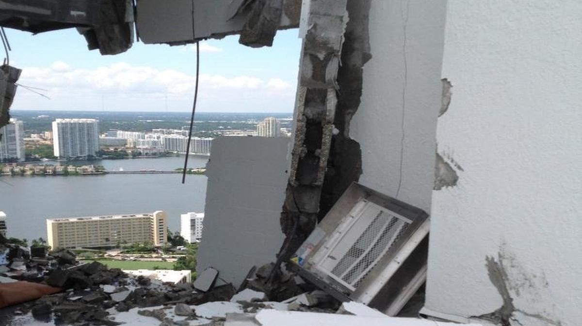 
Damage shown when a 34th-floor boiler room blew up Friday atop the Château Beach Residences, a new waterfront Sunny Isles Beach condominium, injuring six people, including at least one worker in or near the boilers at the time of the explosion.
