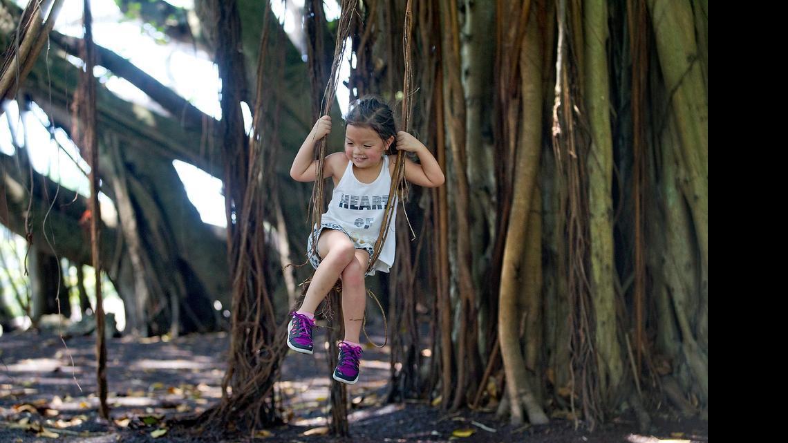 
Arianna Smith, 5, of Kendall enjoys a swing in the shade at Merrie Christmas Park in Coral Gables on Sunday, April 26, 2015. Sunday broke the record for the hottest day at 96 degrees. 
