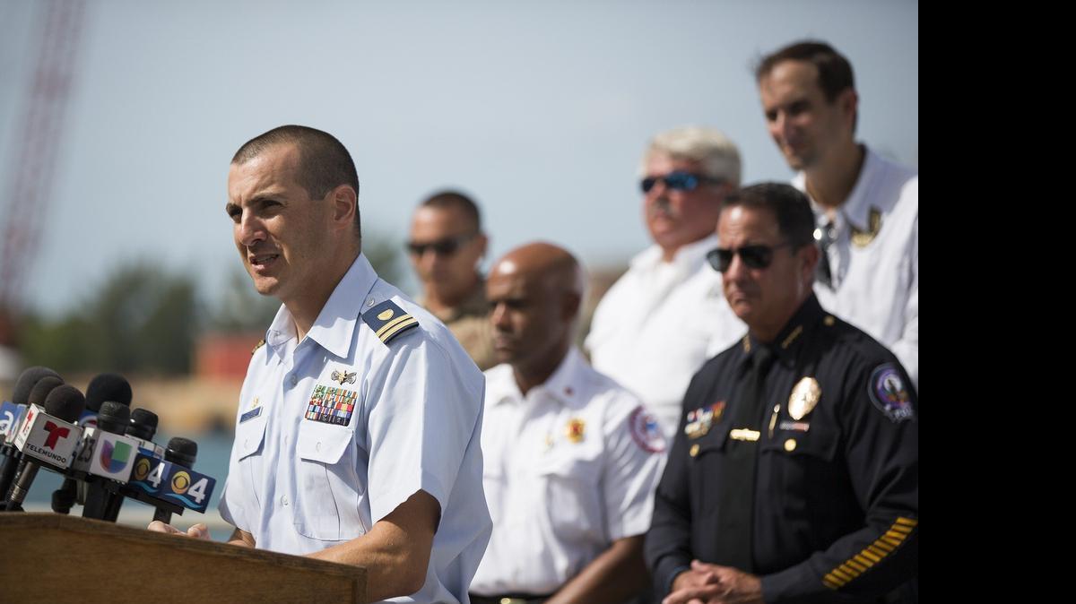 
Commanding Officer Michael Cortese of the Miami Coast Guard addresses boating safety at the Miami Beach Coast Guard Station on Thursday, July 2, 2015. 
