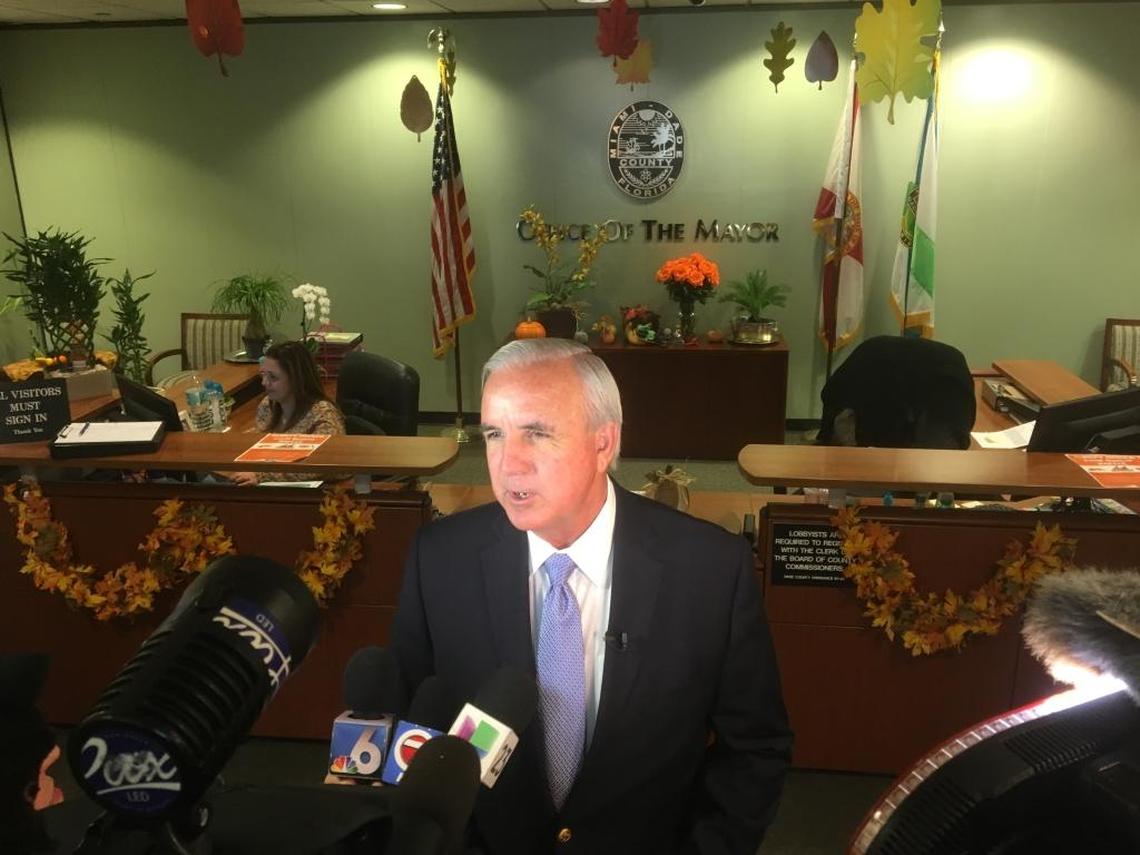 Miami-Dade Mayor Carlos Gimenez addresses reporters on Nov. 8, 2016, after winning reelection to another four-year term.