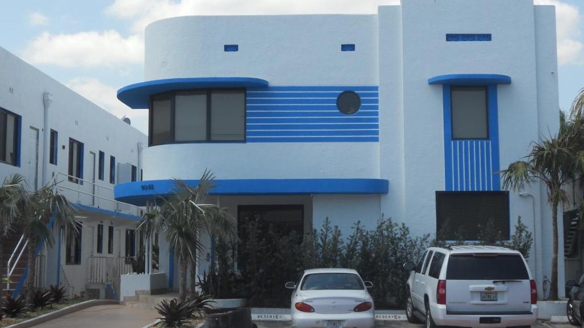 A view of the main facade of 9048 Collins Ave., a 1946 Streamline Moderne apartment building by architect Henry Hohauser, part of the new Collins Avenue Historic District in Surfside.