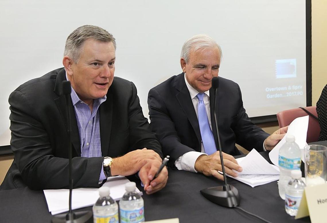 Tim Leiweke, speaking for Miami Beckham United, joined Miami-Dade County Mayor Carlos Gimenez and County Commissioner Audrey Edmonson, during a town hall meeting with Overtown residents about plans for a soccer stadium.