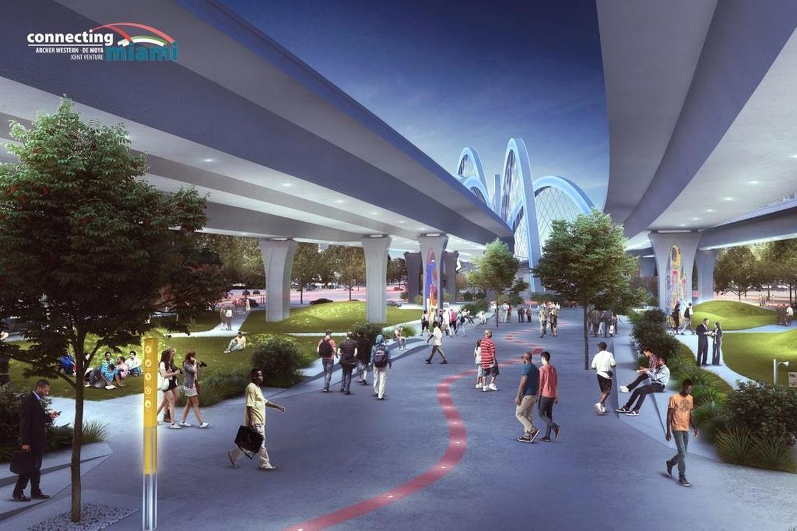 A view of the Heritage Trail under the Interstate 395 expressway in the Archer Western-The de Moya Group proposal. LEDs in the pavement would light up the trail at night.