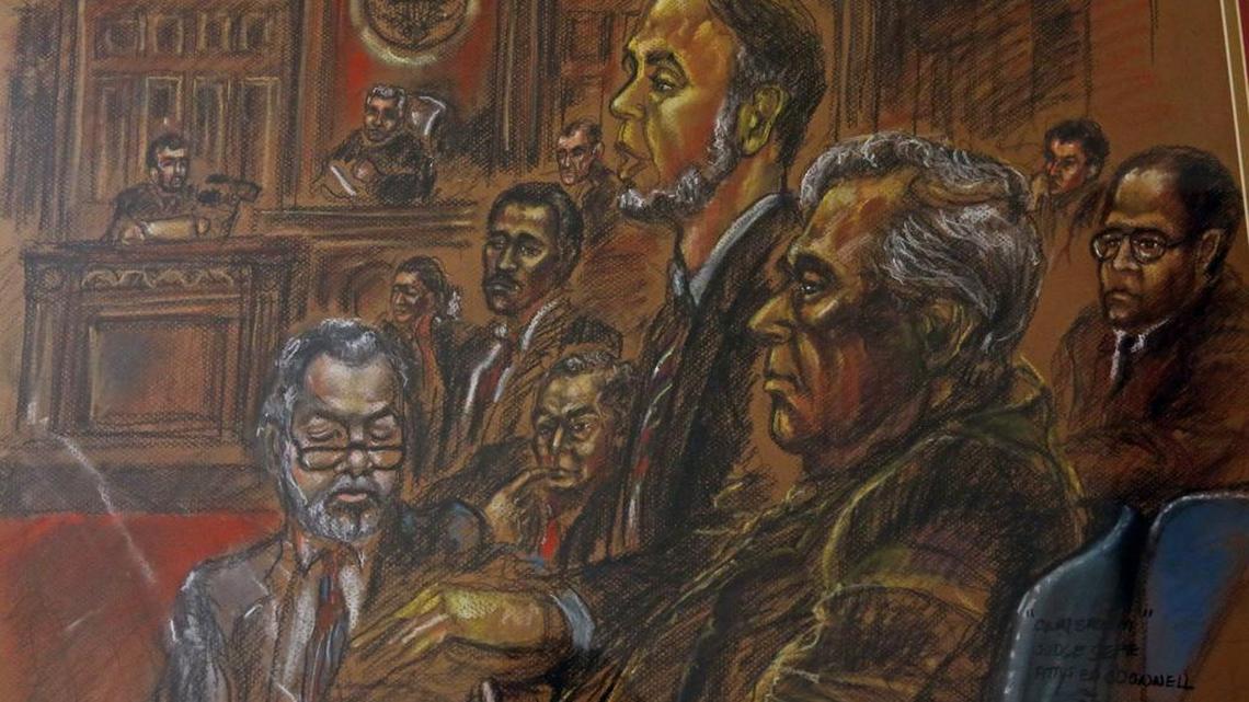 A courtroom sketch of one of the Court Broom federal trials in Miami the early 1990s. The attorneys depicted are attorneys Ed O’Donnell and Ed Carhart. The sketch was part of a gallery created by former Miami Judge Diane Ward on the fourth floor of Miami-Dade’s criminal courthouse.