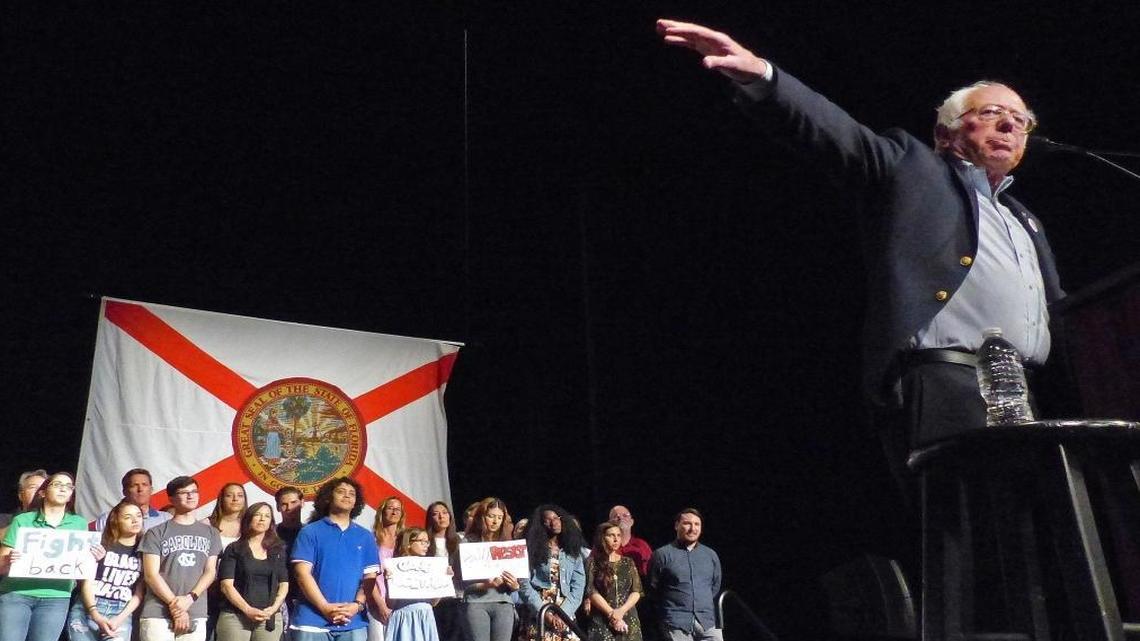 Bernie Sanders gives his remarks to supporters during his national tour with Tom Perez at the James L. Knight Center.
