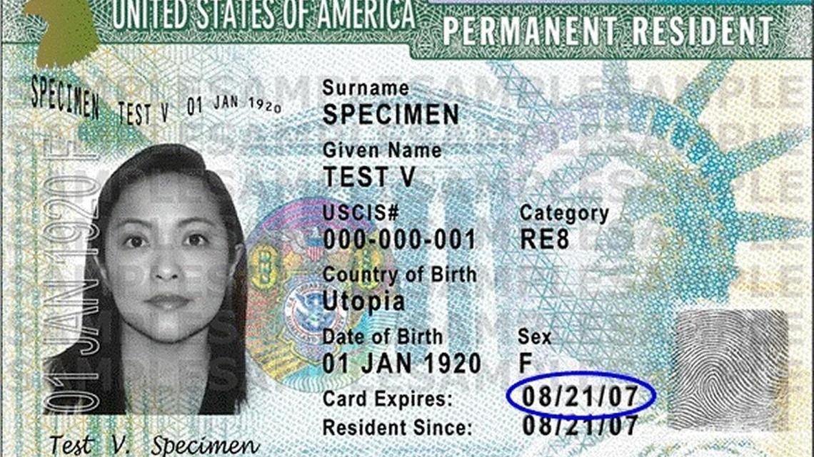 A sample green card, from the U.S. Citizenship and Immigration Services website.
