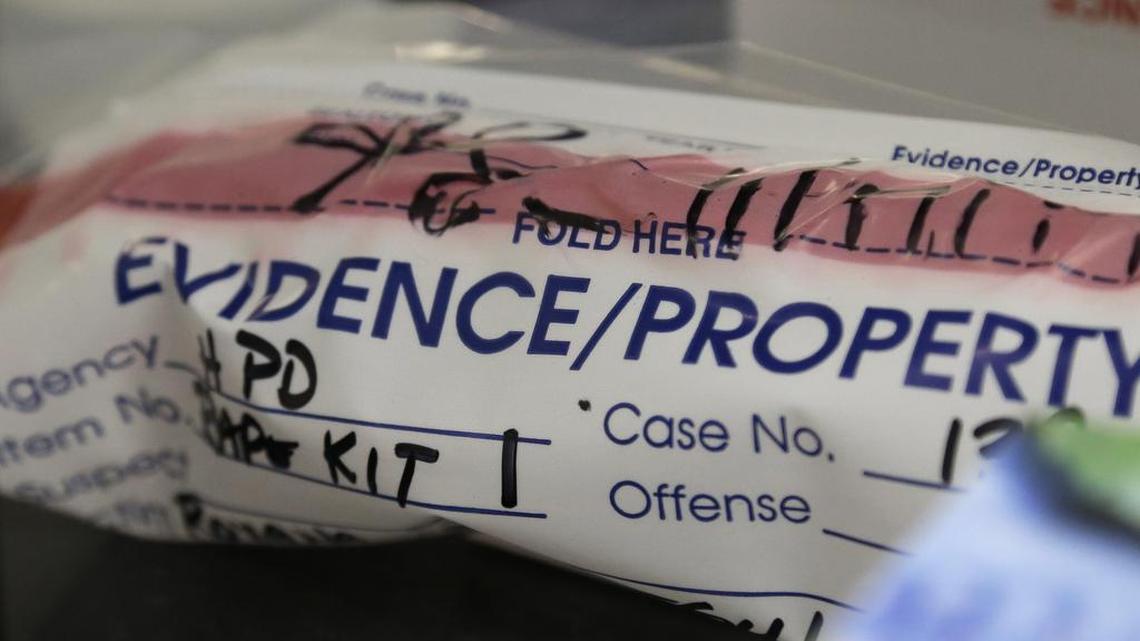 An evidence bag from a sexual assault case is pictured in the biology lab at the Houston Forensic Science Center in Houston.
