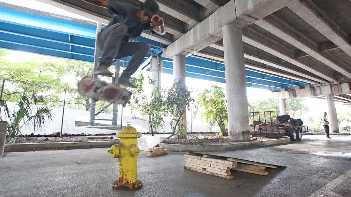 Diego Gonzalez goes airborne at Lot 11, under an I-95 overpass on Tuesday, April 3, 2016. The park that exists today will be replaced with a new, professional skate park if Skate Free can secure a long-term land agreement with the Department of Transportation