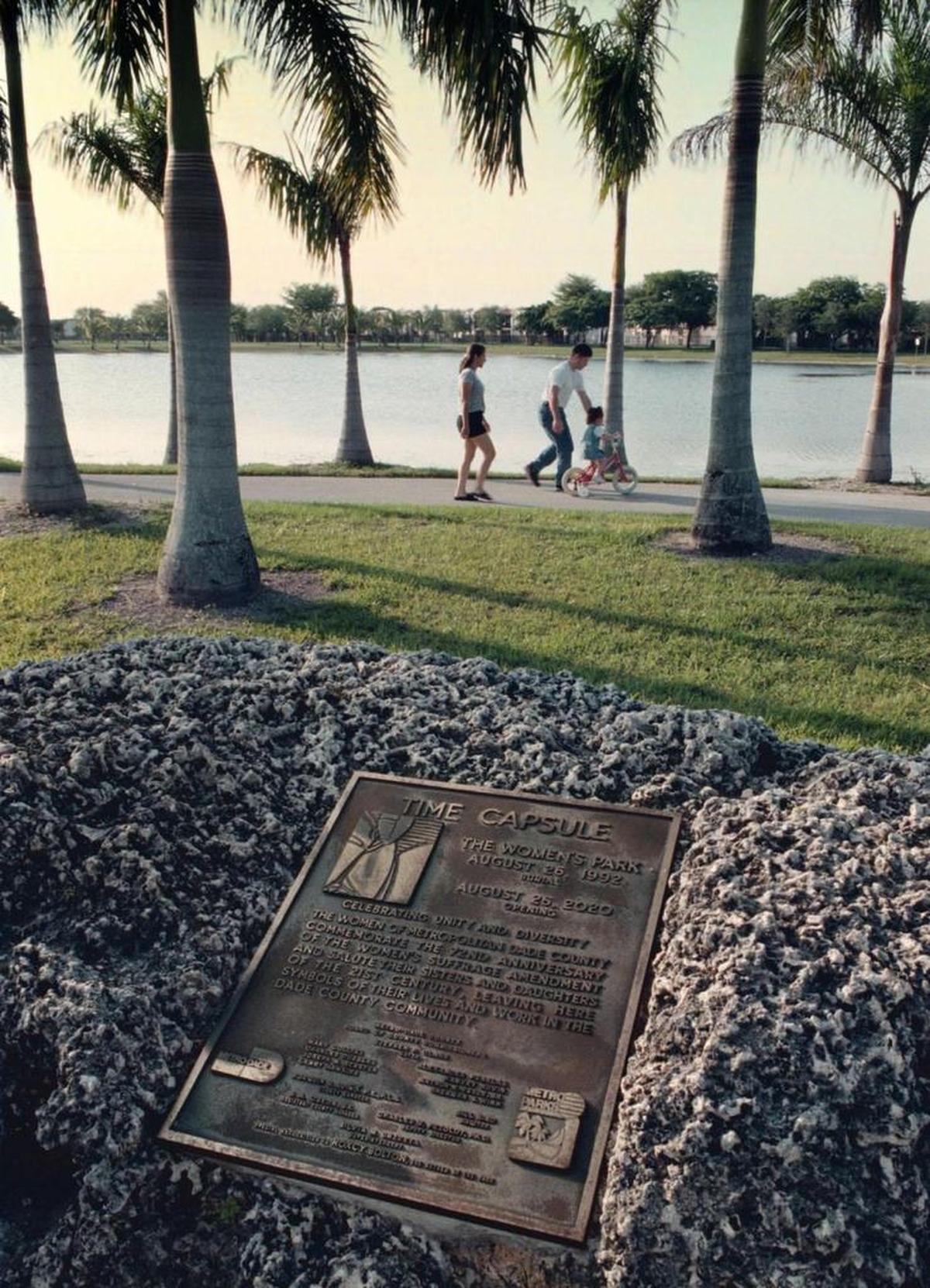 The time capsule at The Women’s Park was buried in 1992 to commemorate the 1920 Women’s Suffrage Amendment. The capsule, seen here in a 1999 file photo, will be opened in 2020.