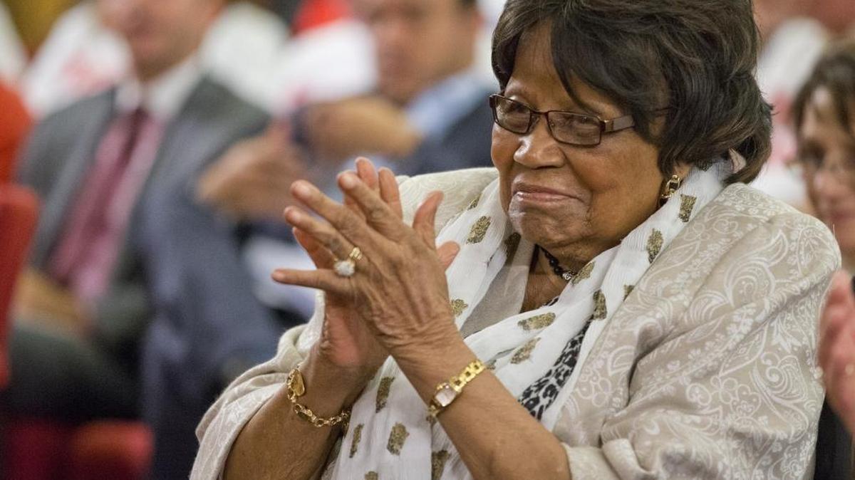 Carrie Meek, who used to represent Florida's 17th District in Congress, watches the proceedings at the Miami-Dade Commission meeting on Tuesday. The Carrie Meek Foundation received an extension of a long-stalled land deal at the Opa-locka airport