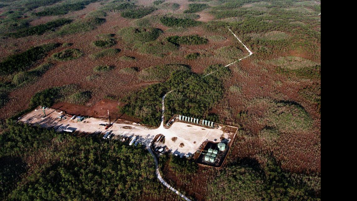 
An aerial shot in 1999 shows one of the concrete pads that holds a drill and tanks at Raccoon Point in the Big Cypress National Preserve. A Texas oil company now wants to survey for oil on 110-square miles in the wilderness refuge.
