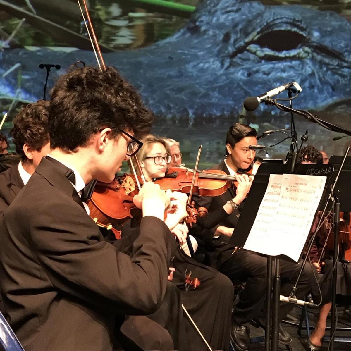Yosvani Rodriguez, left, a 16-year old sophomore at Mays Conservatory of Music in Goulds, leads the string section in the playing of several environment-themed pieces during the South Florida Youth Symphony's concert May 7, 2017, at the Lehman Theater at Miami Dade College's North Campus.