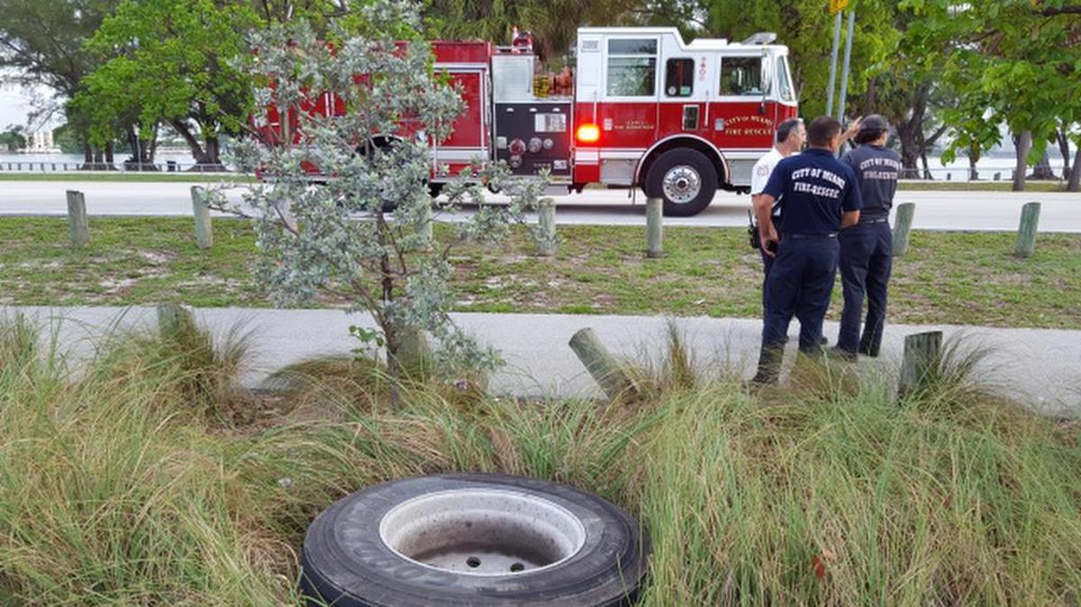 A tire from a tractor trailer hit a jogger Monday morning on Rickenbacker Causeway.
