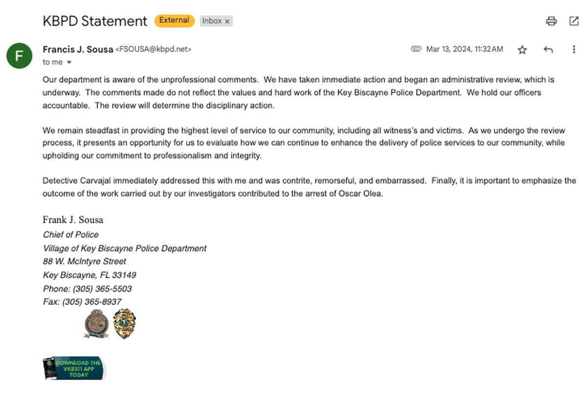 Captura de pantalla de la declaración del Jefe de Policía de Key Biscayne Frank Sousa enviada a una reportera del Herald.