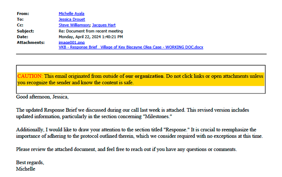 Screengrab of e-mail from Roar Media to Key Biscayne, obtained through a public records request.