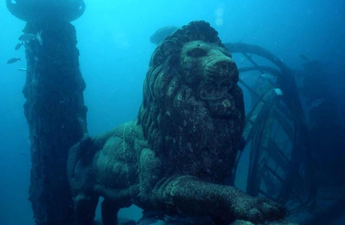 A lion statue guarding the north entrance to the Neptune Memorial Reef off Key Biscayne.