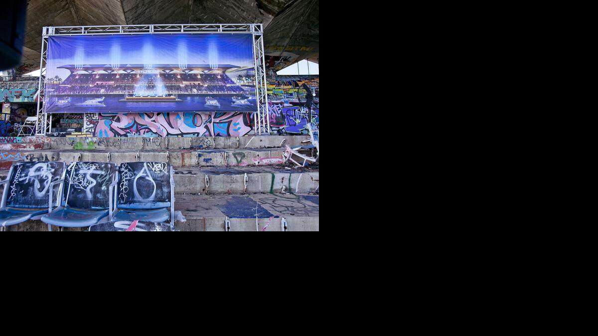 
A rendering of the Miami Marine Stadium renovations is displayed among the seats at a press conference on Thursday, Nov. 13, 2014.
