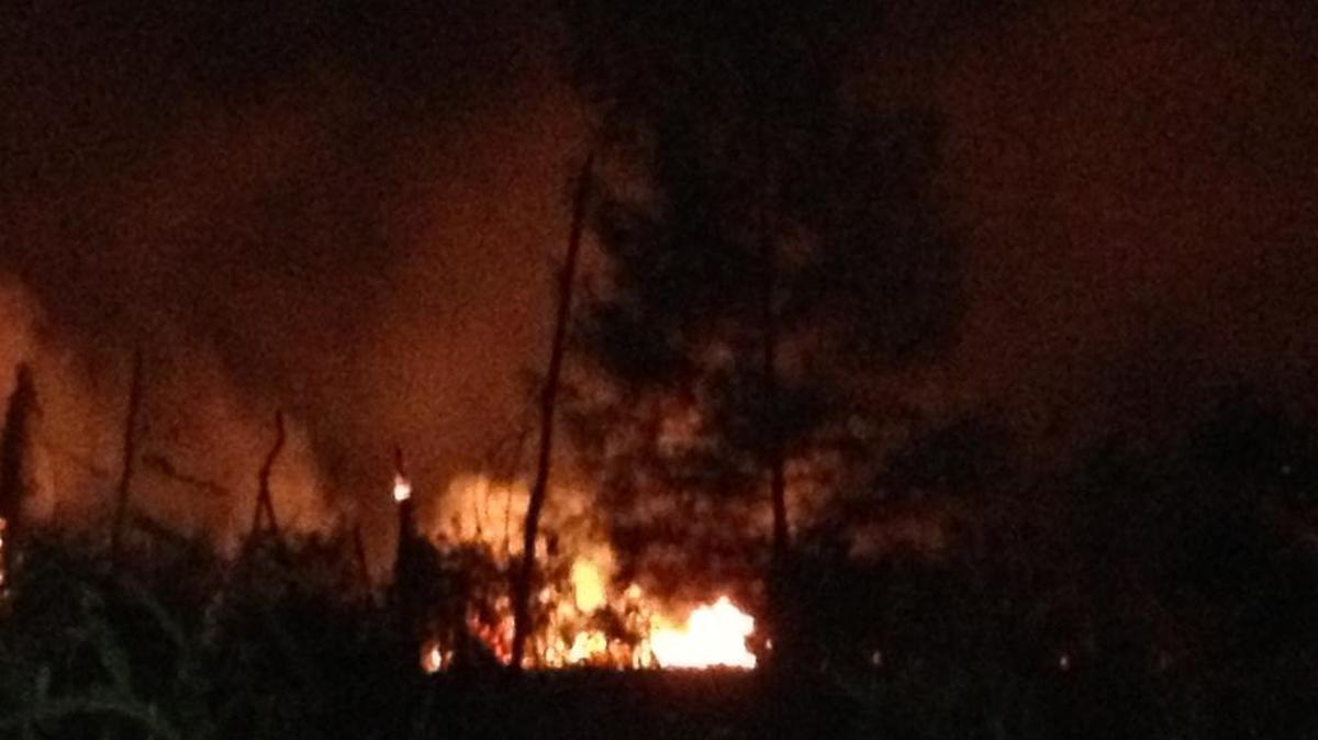 A brush fire burns in the woods off Card Sound Road near Florida City Monday night. The Florida Department of Transportation closed the 18 Mile Stretch in both directions and southbound Card Sound Road while firefighters battled the blaze.