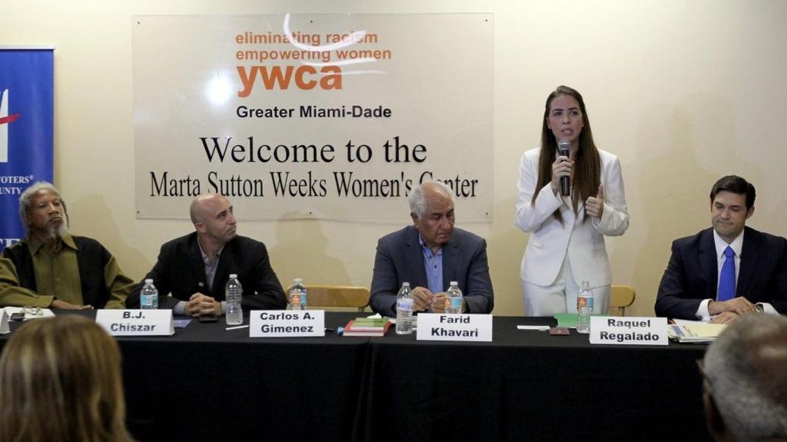 Miami-Dade county mayoral candidates, (from left) Frederick Bryant, B.J. Chiszar, Farid Khavari, Raquel Regalado, and Alfred Santamaria participate in a debate on Wednesday, August 3, 2016. Current Mayor Carlos Gimenez did not show up. The League of Women Voters of Miami-Dade County, along with the YWCA of Greater Miami-Dade, Women's Chamber of Commerce of Miami-Dade County and The Women's Fund Miami-Dade, hosted the 2016 Miami-Dade County Mayoral Debate.