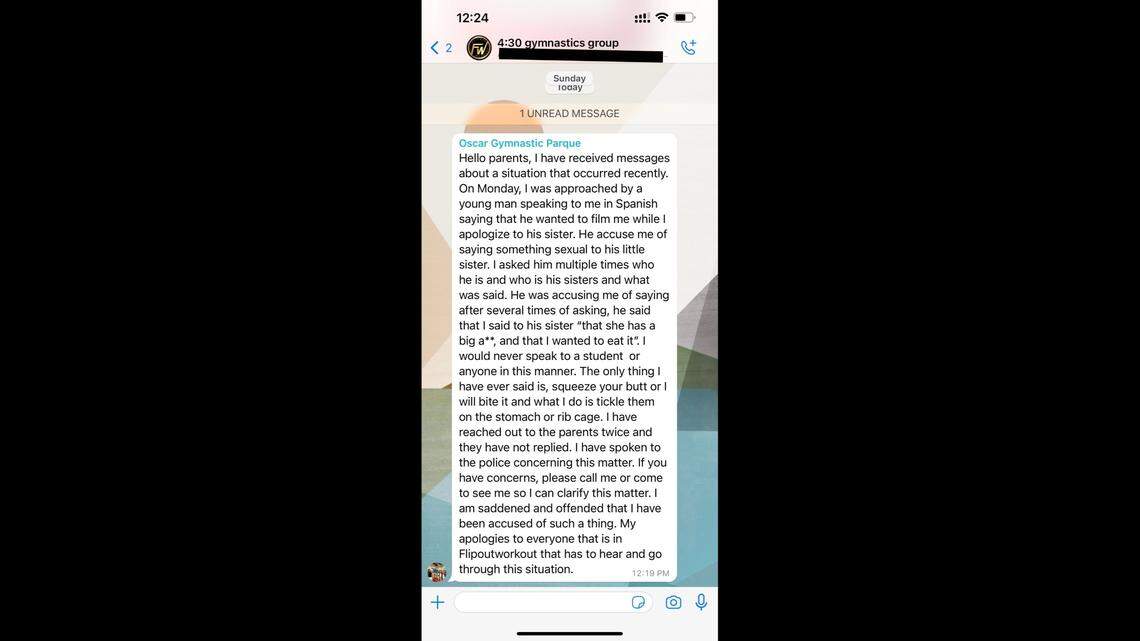 Screenshot of Olea’s message on WhatsApp to a group of gymnastics parents.