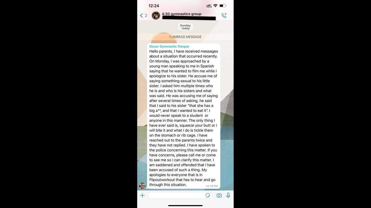Screenshot of Olea’s message on WhatsApp to a group of gymnastics parents.