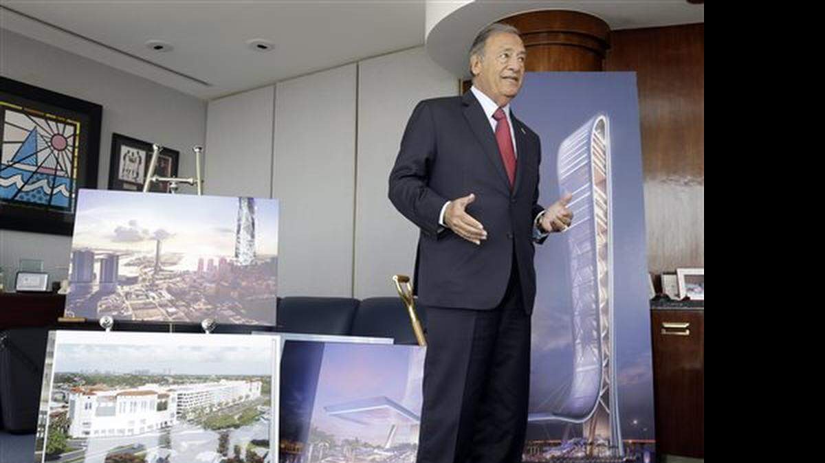 In this Monday, March 30, 2015 photo, developer Jeff Berkowitz talks about the SkyRise project at his office in Miami. Last summer, Miami voters approved a $430 million downtown tourist tower to be built beside Biscayne Bay with the understanding no public money would be spent. Now that Miami-Dade County is proposing a $9 million subsidy for infrastructure improvements, the Miami mayor’s politically ambitious daughter, Raquel Regalado, and billionaire car dealer Norman Braman, are suing to stop it.