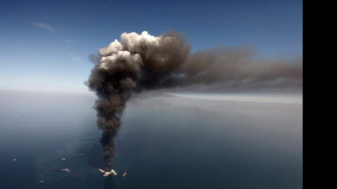 
A day after BP’s Macondo well exploded in April 2010, smoke billowed from the Deepwater Horizon rig. 
